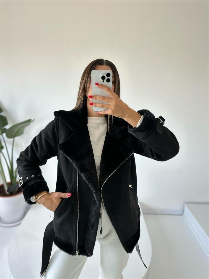 إم يه معطف شمواه أسود ببطانة فرو