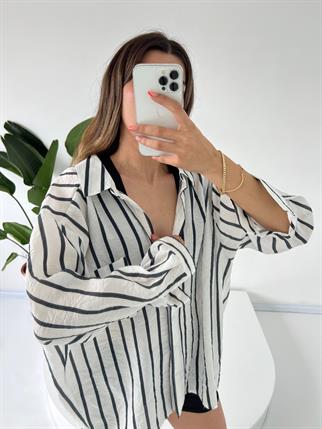 Nidale Beyaz Siyah Çizgili Oversize Gömlek 