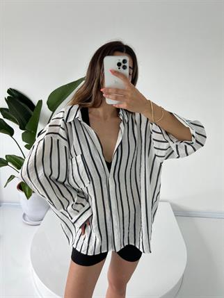 Nidale Beyaz Siyah Çizgili Oversize Gömlek 