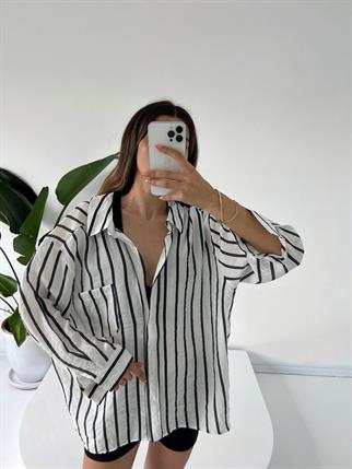 Nidale Beyaz Siyah Çizgili Oversize Gömlek 