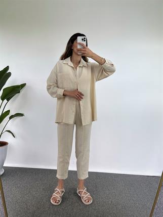 Nina Bej Keten Gömlekli İkili Takım