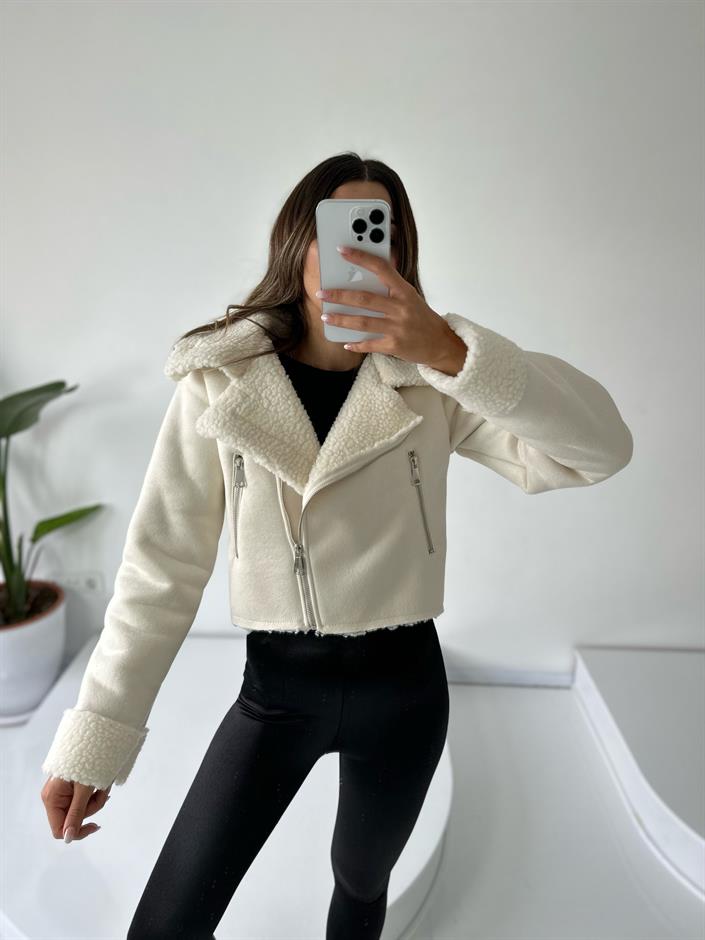 North Ekru İçi Peluş Kürklü Kısa Mont