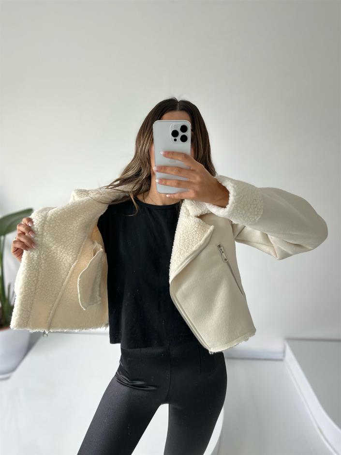 North Ekru İçi Peluş Kürklü Kısa Mont