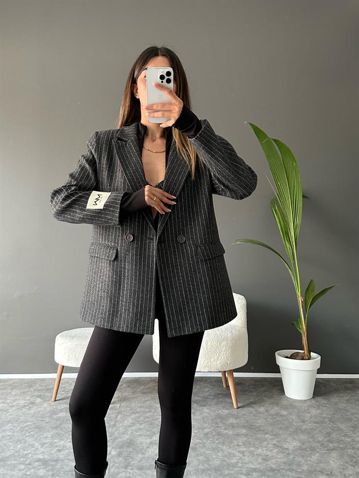NW Gri Çizgili Kaşe Blazer Ceket