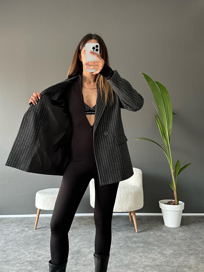 NW Gri Çizgili Kaşe Blazer Ceket