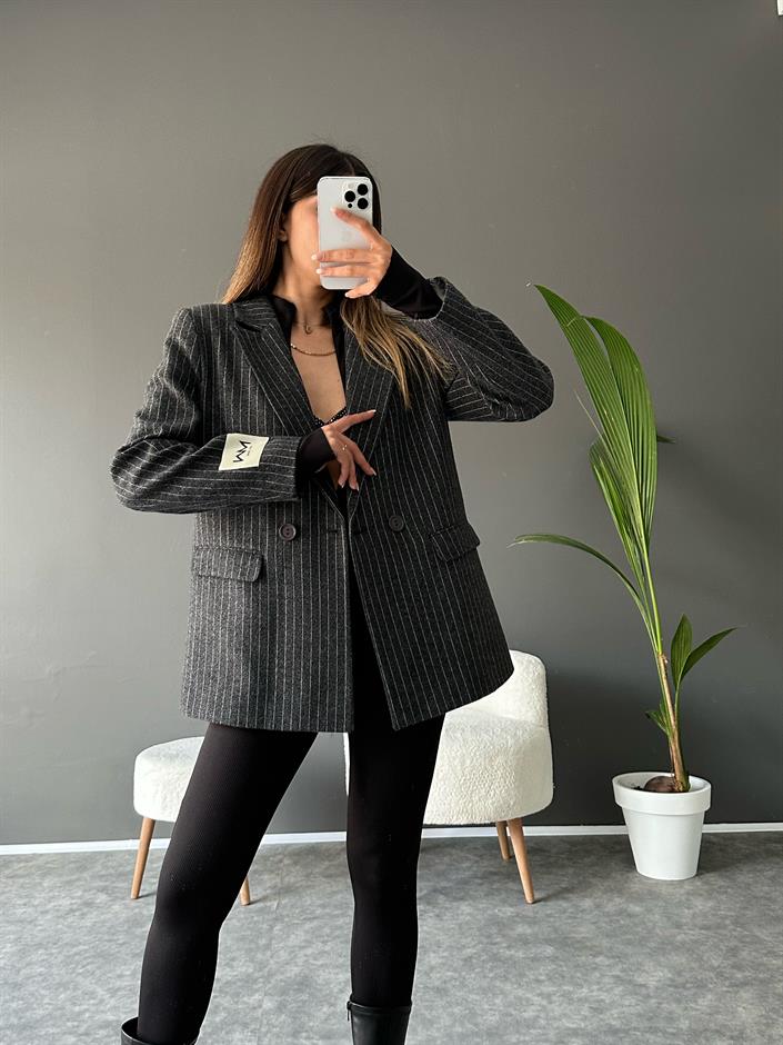 NW Gri Çizgili Kaşe Blazer Ceket