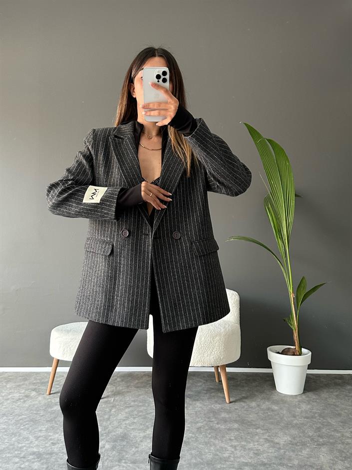 NW Gri Çizgili Kaşe Blazer Ceket