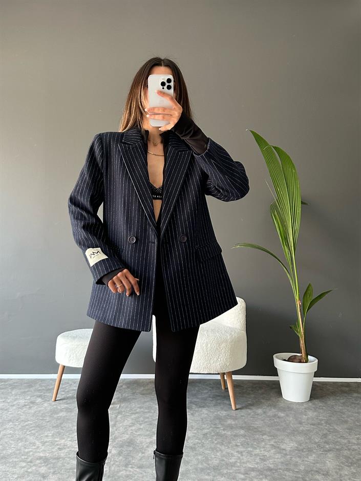 NW Lacivert Çizgili Kaşe Blazer Ceket