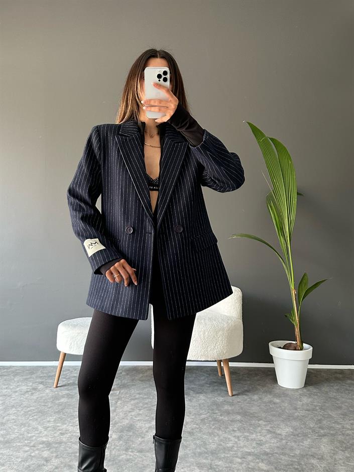 NW Lacivert Çizgili Kaşe Blazer Ceket