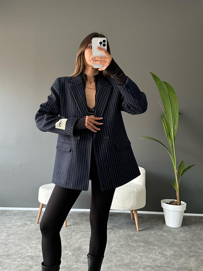 NW Lacivert Çizgili Kaşe Blazer Ceket