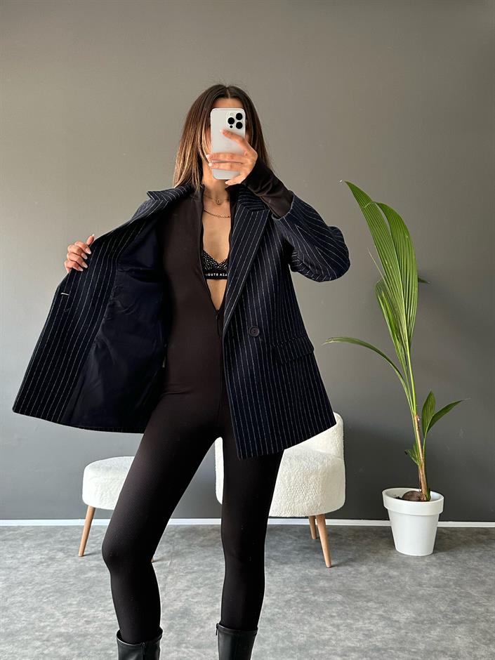 NW Lacivert Çizgili Kaşe Blazer Ceket