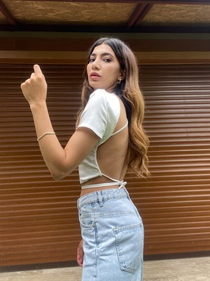 Orijinal Marka Beyaz Saten Sırt dekolteli Crop