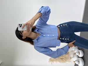 Orijinal Marka Mavi Çizgili Crop Gömlek 