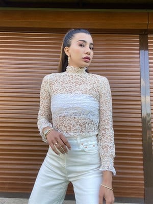 Orijinal Marka Transparan Dantelli Bluz 