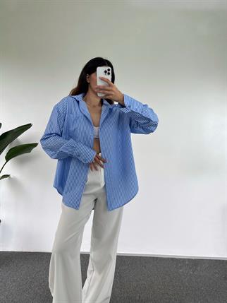 Orj Açık Mavi Oversize Çizgili Gömlek