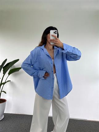 Orj Açık Mavi Oversize Çizgili Gömlek