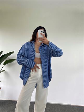 Orj Mavi Oversize Çizgili Gömlek 