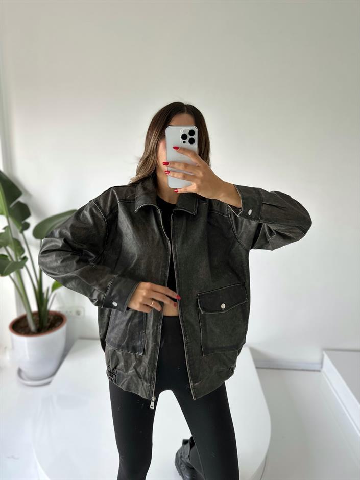 Oversize Yıkamalı Çift Cepli Deri Ceket 