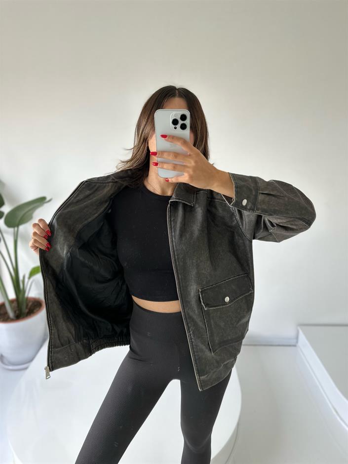 Oversize Yıkamalı Çift Cepli Deri Ceket 