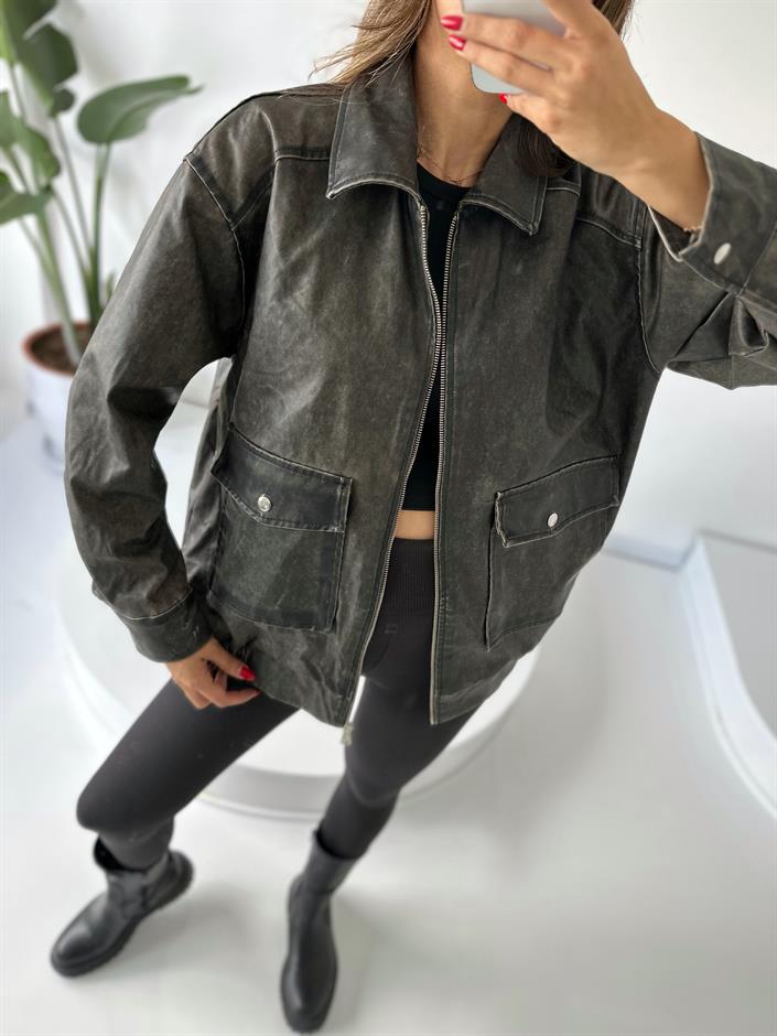 Oversize Yıkamalı Çift Cepli Deri Ceket 