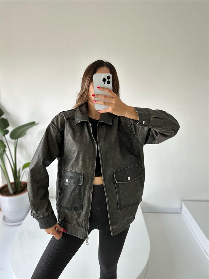 Oversize Yıkamalı Çift Cepli Deri Ceket 