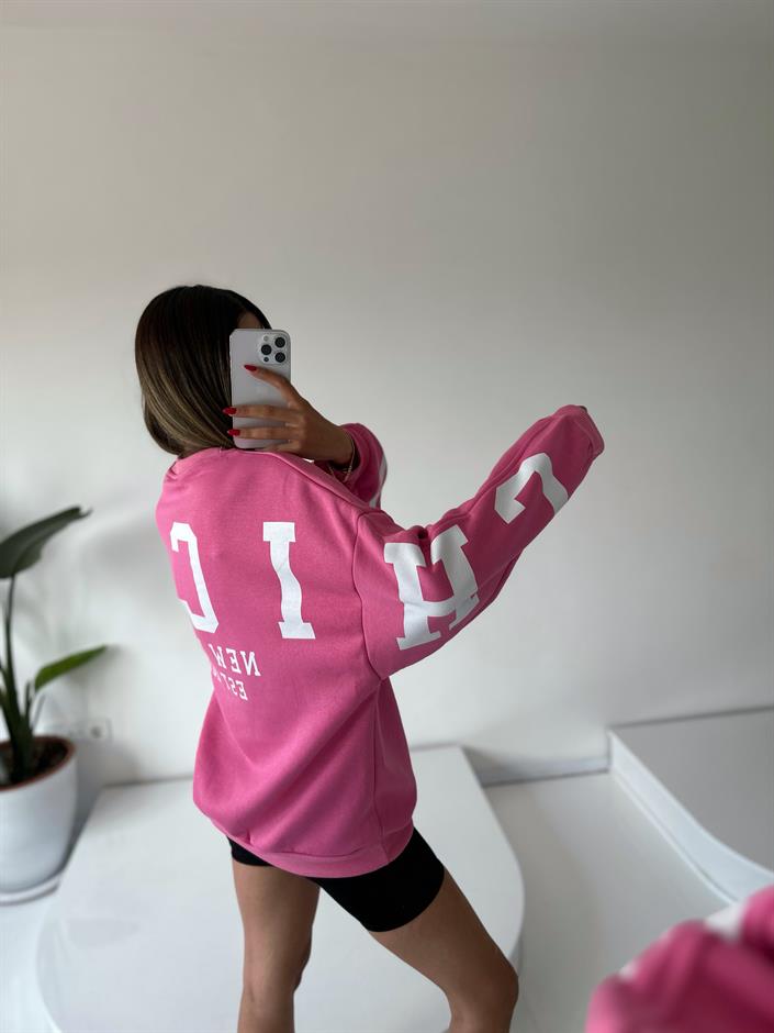 Pembe Arkası Baskılı Oversize Sweatshirt