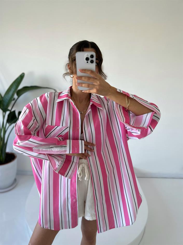 Pembe Çizgili Oversize Gömlek 