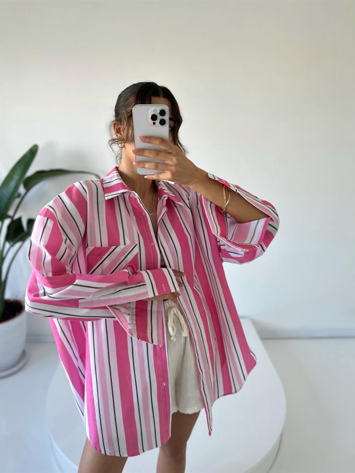 Pembe Çizgili Oversize Gömlek 