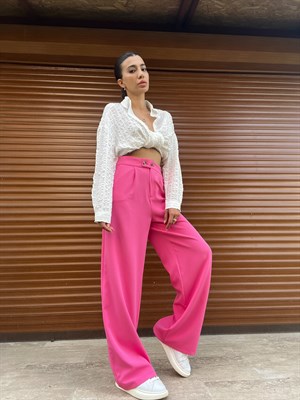 Pembe Düğme Detaylı Palazzo Pantolon