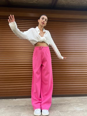 Pembe Düğme Detaylı Palazzo Pantolon