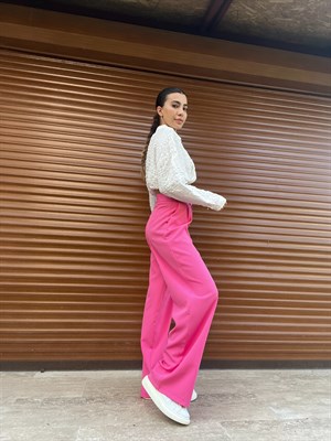 Pembe Düğme Detaylı Palazzo Pantolon
