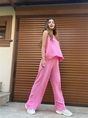 Pembe Ham Keten Alt Üst Takım