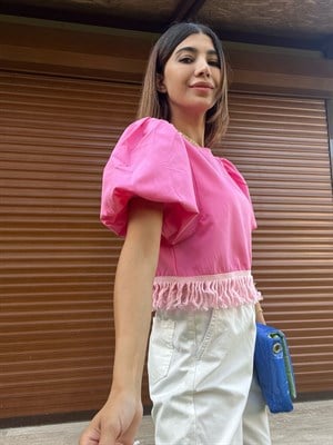 Pembe Püsküllü Balon Kol Bluz