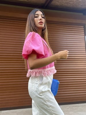 Pembe Püsküllü Balon Kol Bluz