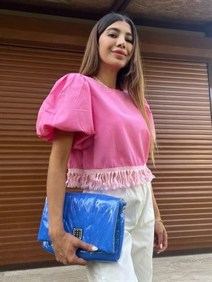Pembe Püsküllü Balon Kol Bluz