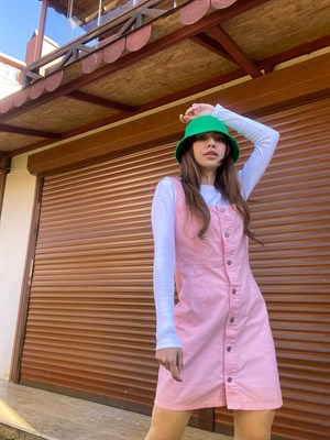 Pembe Salopet Düğmeli Elbise 