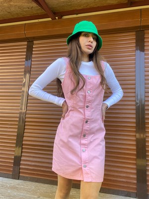 Pembe Salopet Düğmeli Elbise 