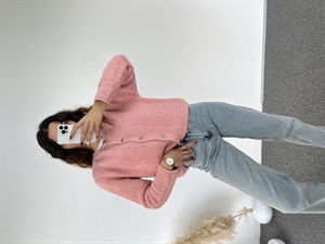 Pembe Teddy Gold Düğme Hırka
