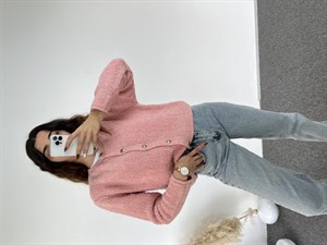Pembe Teddy Gold Düğme Hırka