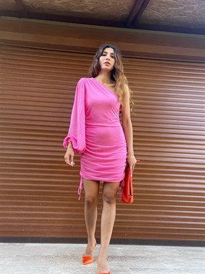 Pembe Tek Kol Drapeli Elbise