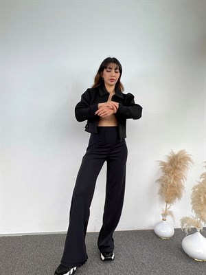 Pens Detaylı Siyah Şardonlu Pantolon