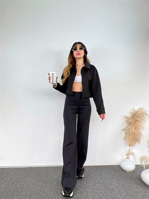 Pens Detaylı Siyah Şardonlu Pantolon