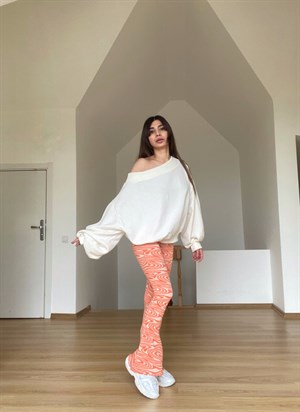 Desenli İspanyol Paça Yüksek Bel  Pantolon 