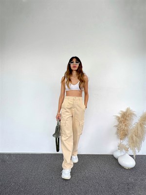 Premium Anais Bej Kargo Denim Pantolon