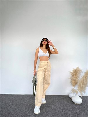 Premium Anais Bej Kargo Denim Pantolon