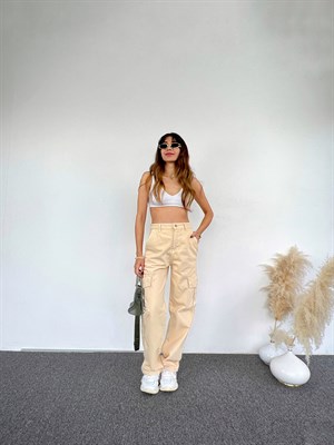 Premium Anais Bej Kargo Denim Pantolon