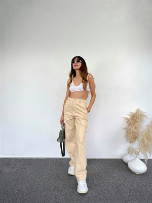 Premium Anais Bej Kargo Denim Pantolon