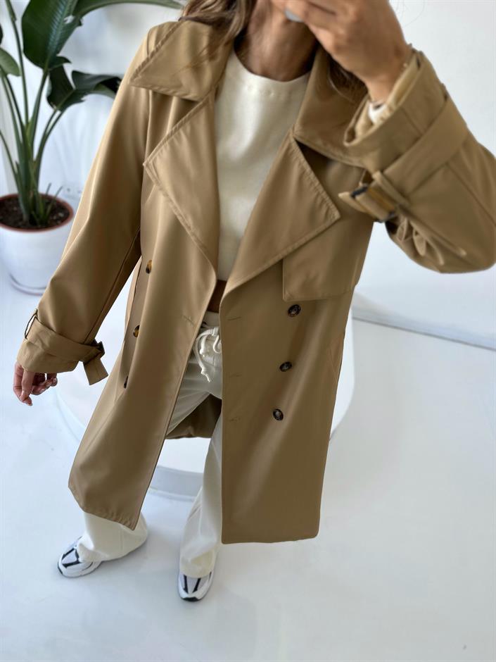 Premium Camel Astarlı Uzun Trençkot