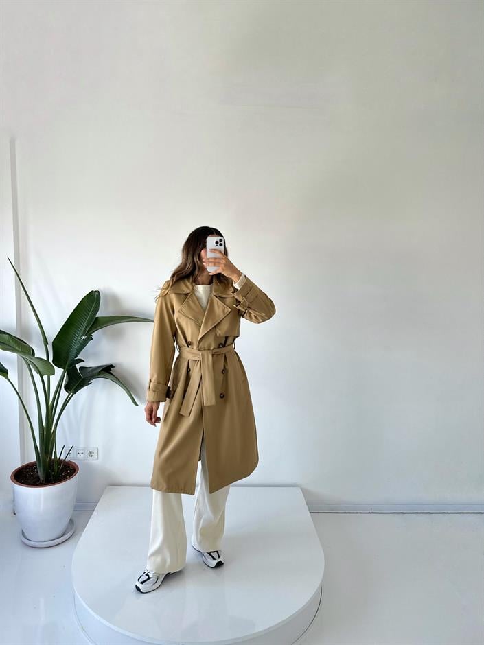 Premium Camel Astarlı Uzun Trençkot