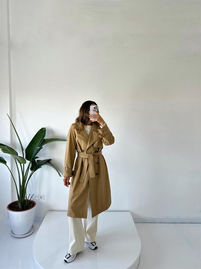 Premium Camel Astarlı Uzun Trençkot